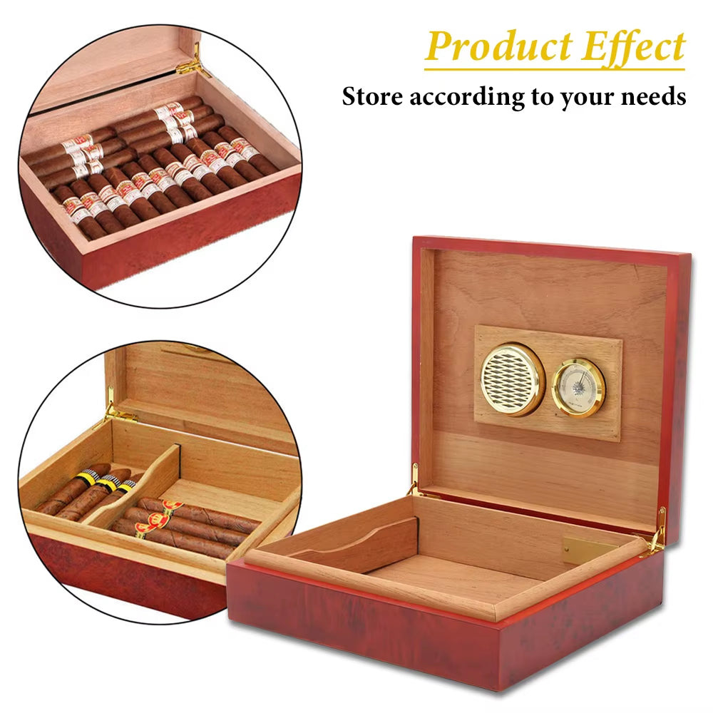 20 Count Cigar Humidor Box Wood Lined Portable Smoking Accessories Humidor Humidifier with Hygrometer Case Moisturizing Device