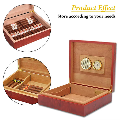 20 Count Cigar Humidor Box Wood Lined Portable Smoking Accessories Humidor Humidifier with Hygrometer Case Moisturizing Device