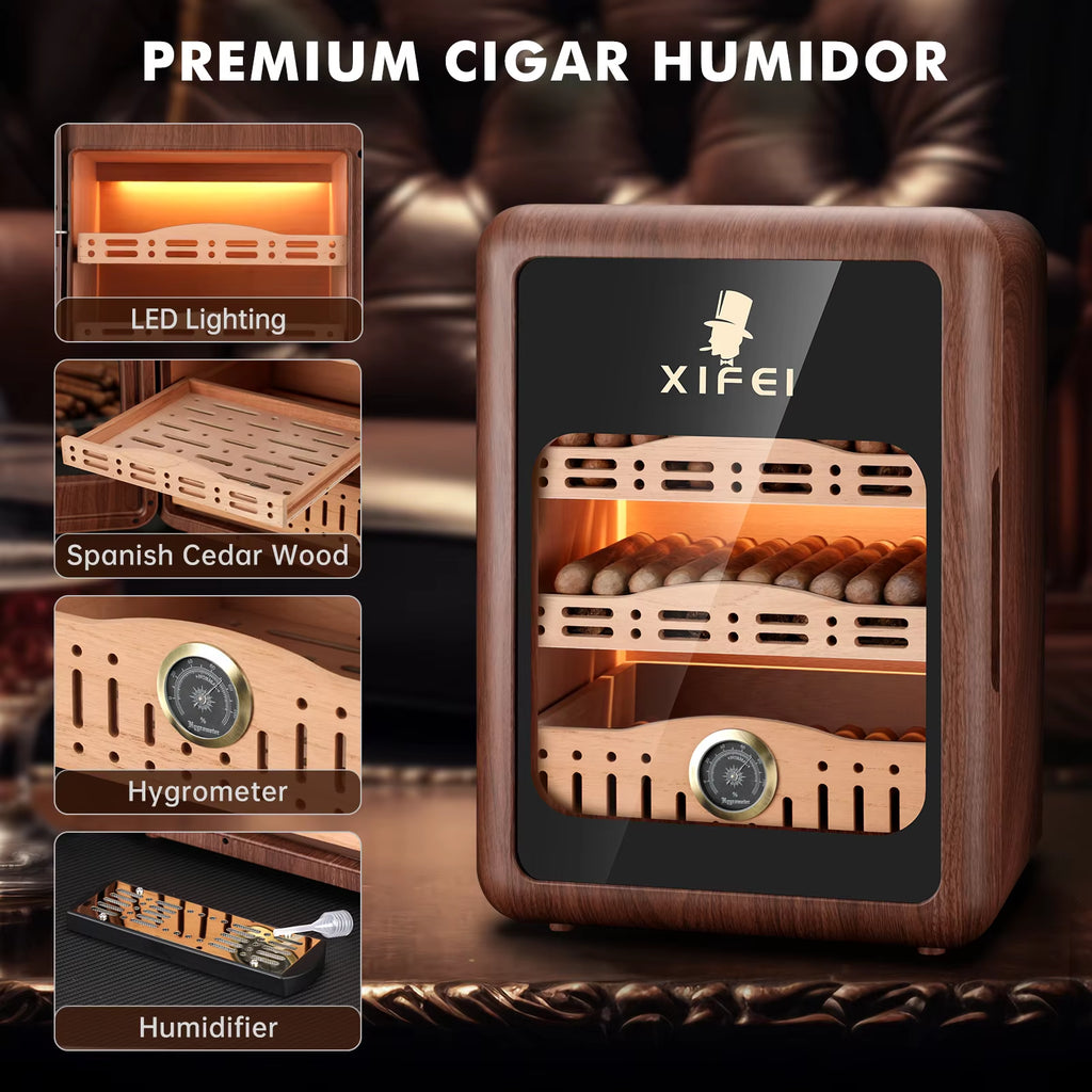Cigar Humidor,Cigar Humidor Cabinet up to 150 Cigars,Led Lighting Desktop Humidor with Spanish Cedar Wood Shelves, Hygrome
