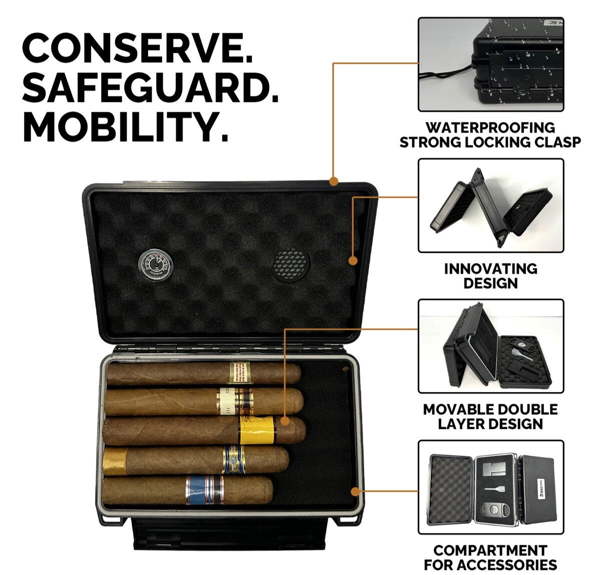 Cigar Case Box Travel Humidor Double Sided Cutter Stand Hygrometer 5 or 10 Cigar