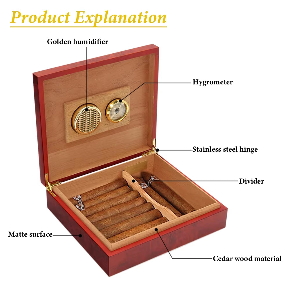 20 Count Cigar Humidor Box Wood Lined Portable Smoking Accessories Humidor Humidifier with Hygrometer Case Moisturizing Device