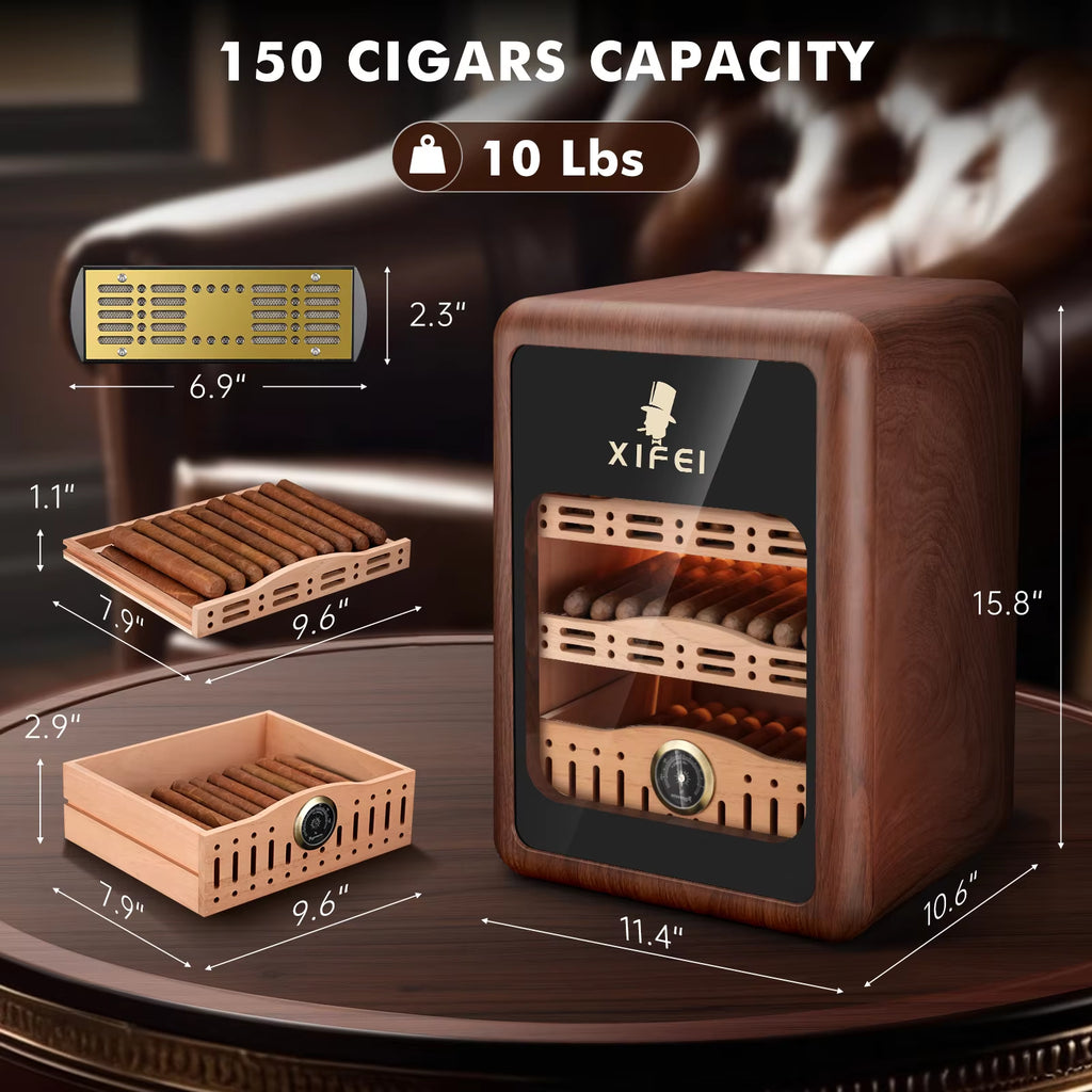 Cigar Humidor,Cigar Humidor Cabinet up to 150 Cigars,Led Lighting Desktop Humidor with Spanish Cedar Wood Shelves, Hygrome