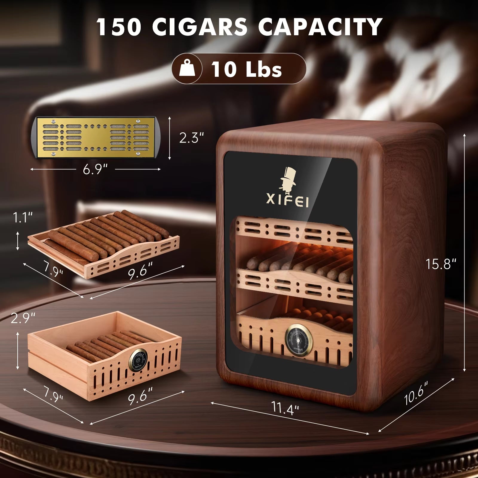 Cigar Humidor,Cigar Humidor Cabinet up to 150 Cigars,Led Lighting Desktop Humidor with Spanish Cedar Wood Shelves, Hygrome