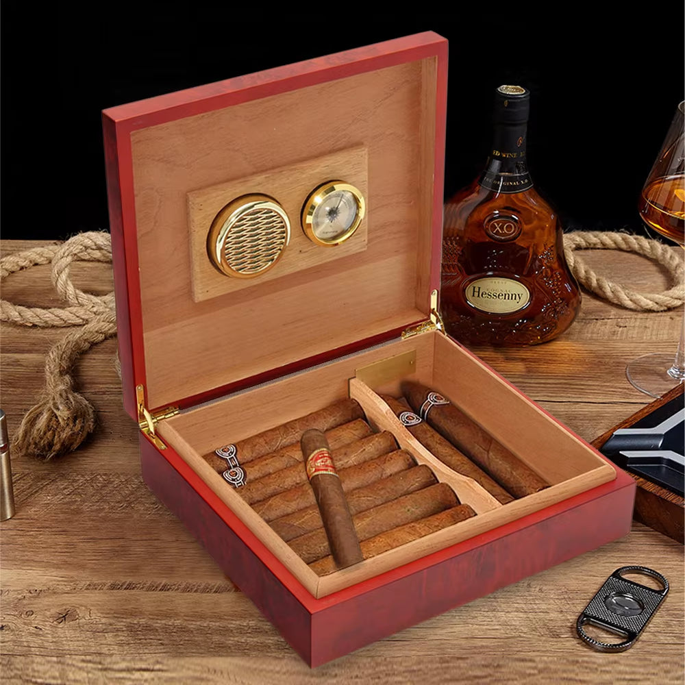 20 Count Cigar Humidor Box Wood Lined Portable Smoking Accessories Humidor Humidifier with Hygrometer Case Moisturizing Device