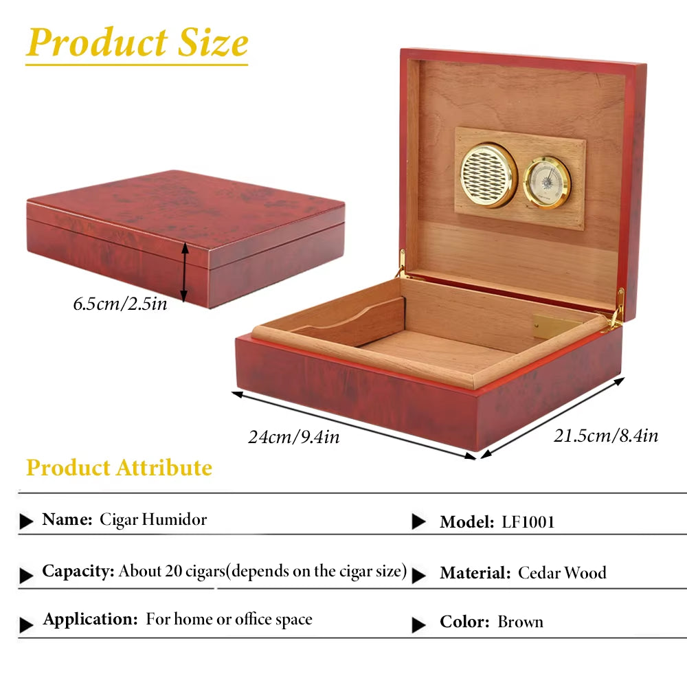 20 Count Cigar Humidor Box Wood Lined Portable Smoking Accessories Humidor Humidifier with Hygrometer Case Moisturizing Device