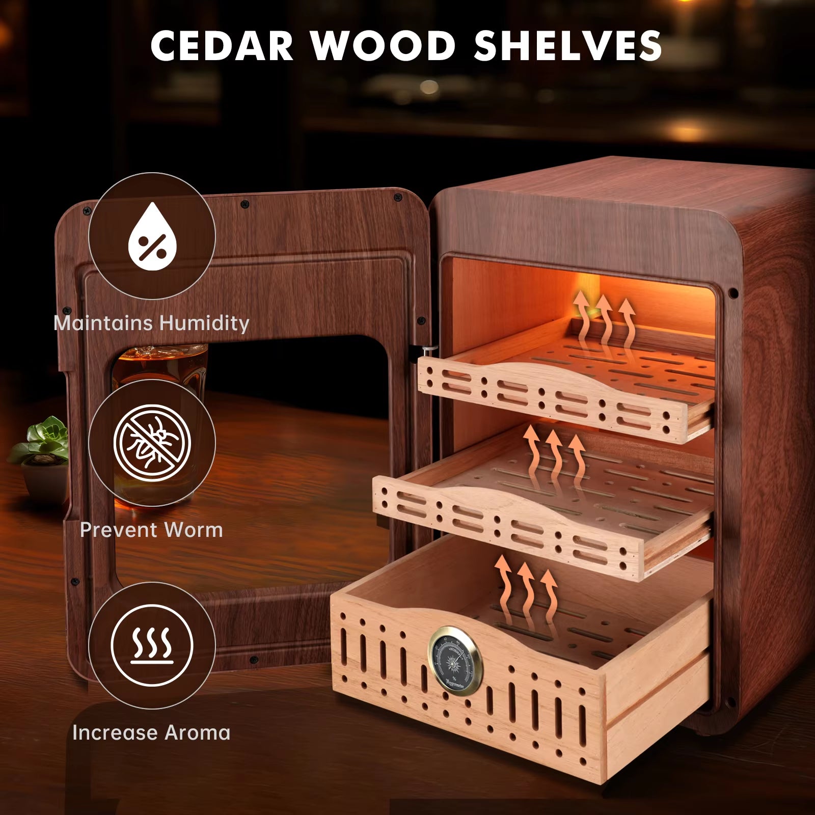 Cigar Humidor,Cigar Humidor Cabinet up to 150 Cigars,Led Lighting Desktop Humidor with Spanish Cedar Wood Shelves, Hygrome